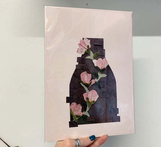 Pink Rose Bottle Kilns, Potbank Print, Stoke Print, Floral Potbank Print