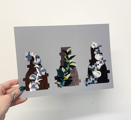 Trio of Bottle Kilns, Potbank Print, Stoke Print, Floral Potbank Print