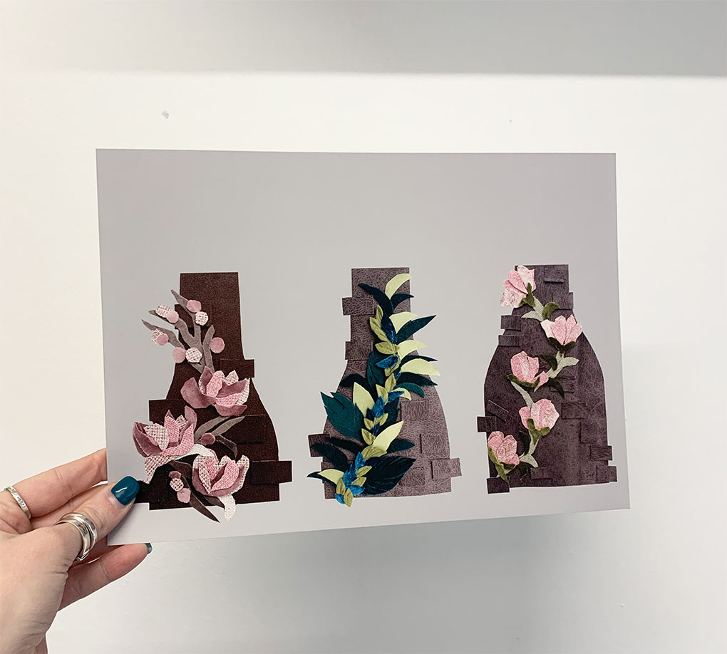 Pink Bottle Kilns, Potbank Print, Stoke Print, Floral Potbank Print
